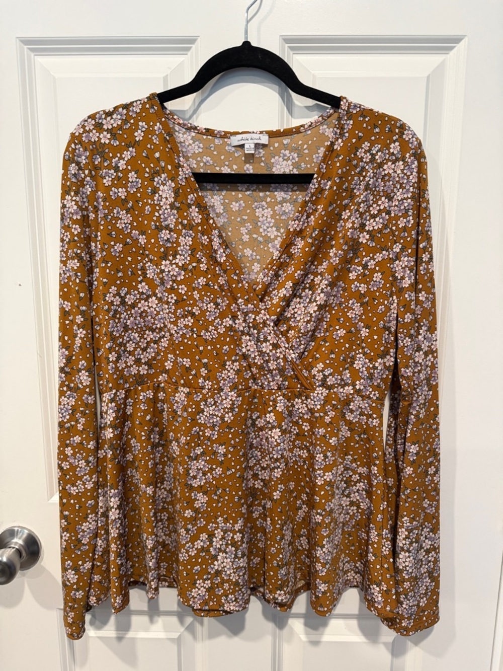 white birch Mustard Floral Long Sleeve V-Neck top